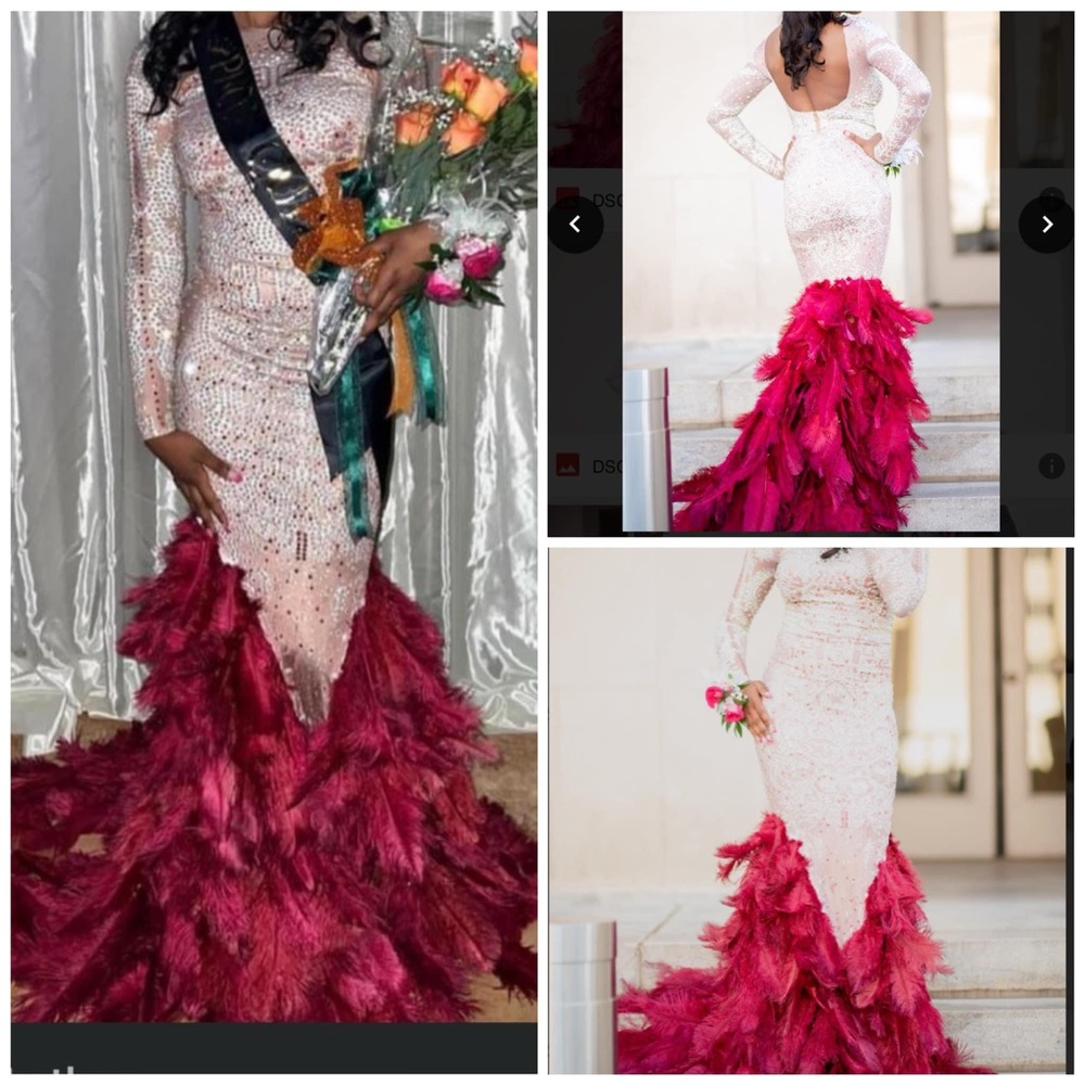 Fitted long beautiful prom dress with feathered bottom. Fit for a Queen